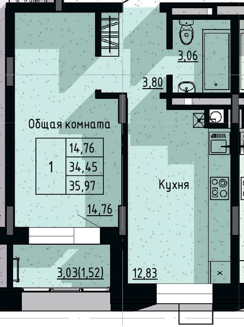 1 комн., 35.97 м²