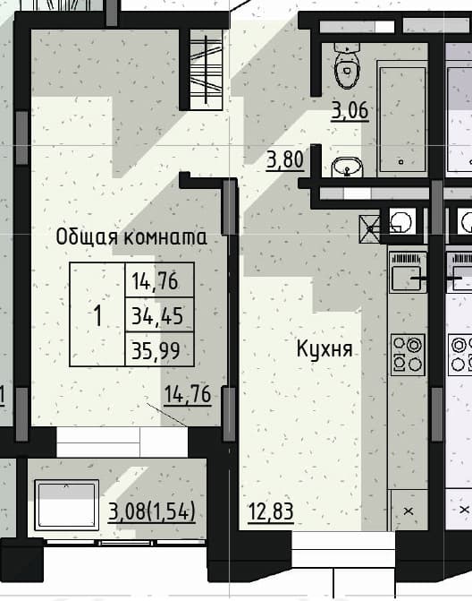 1 комн., 35.99 м²