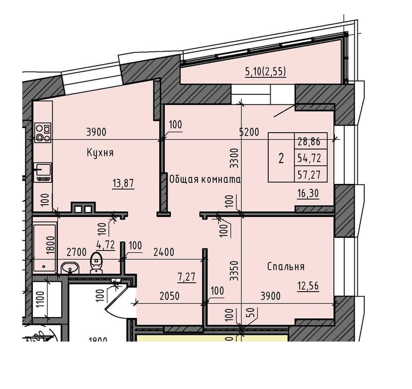 2 комн., 57.27 м²