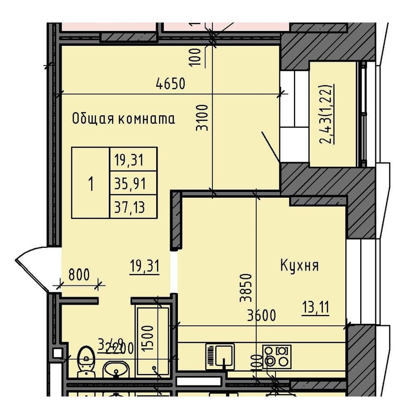 1 комн., 37.13 м²