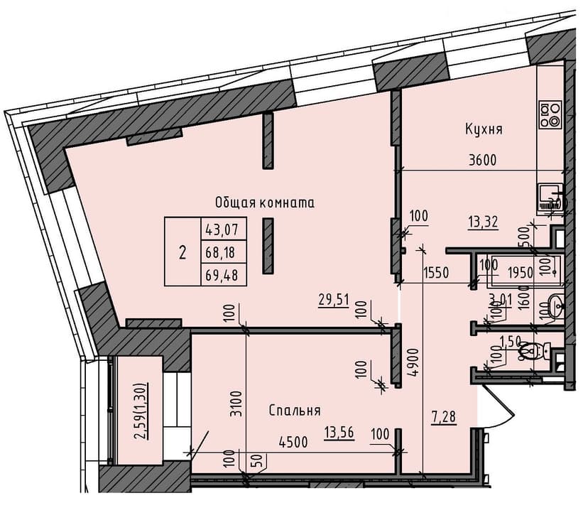 2 комн., 69.48 м²