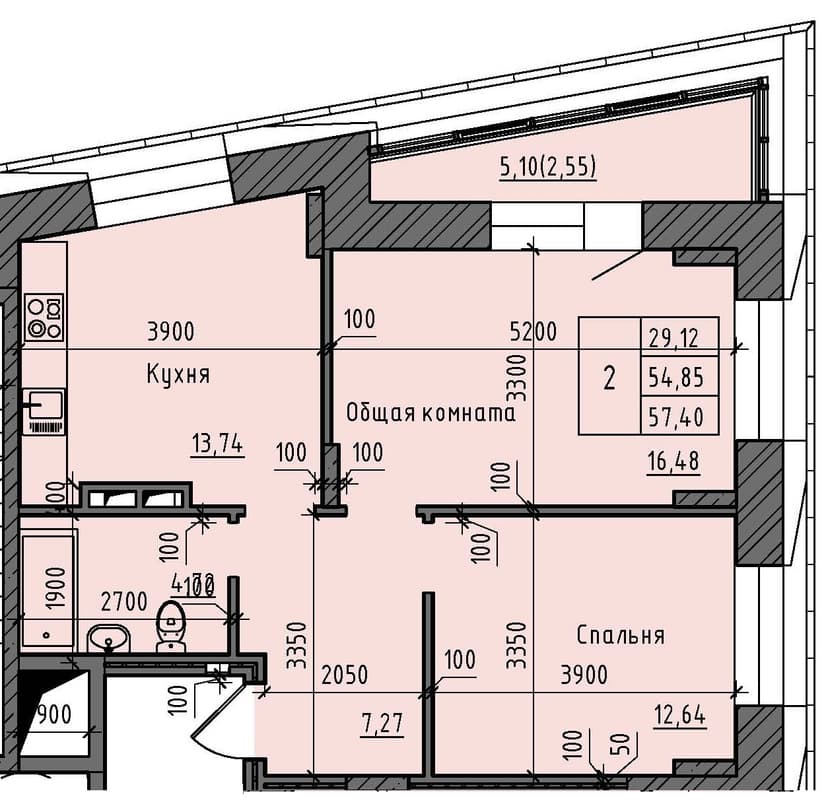 2 комн., 57.40 м²