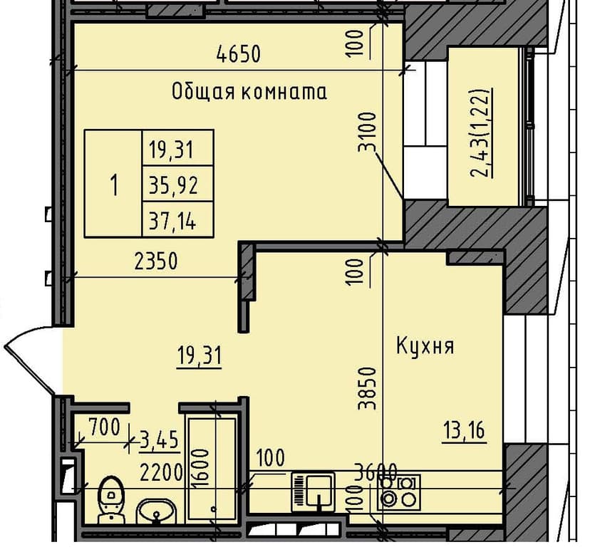 1 комн., 37.14 м²