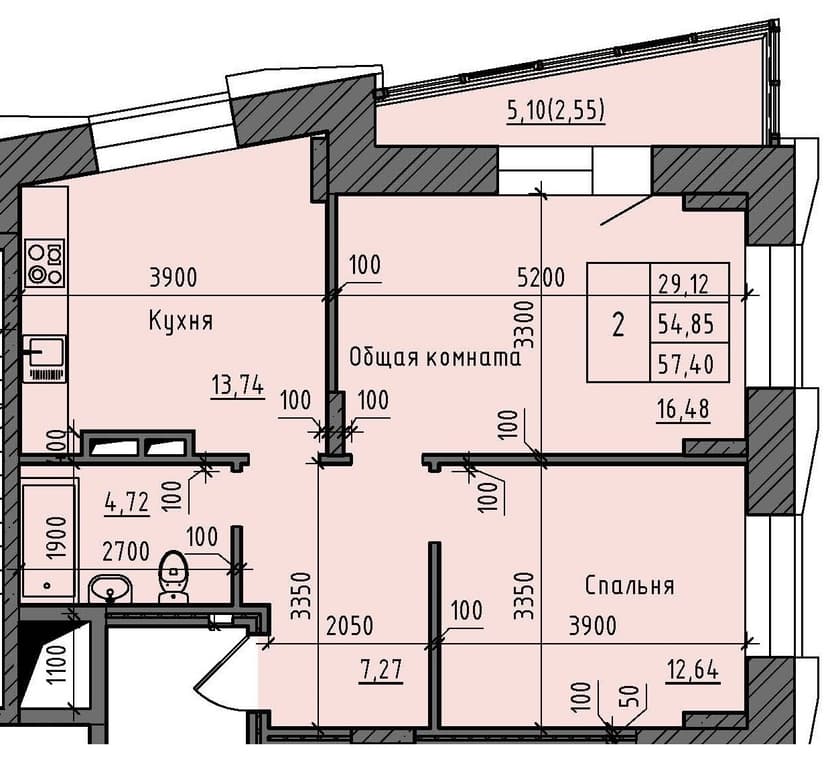 2 комн., 57.40 м²