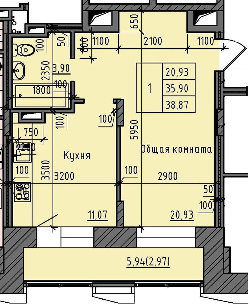 1 комн., 38.87 м²