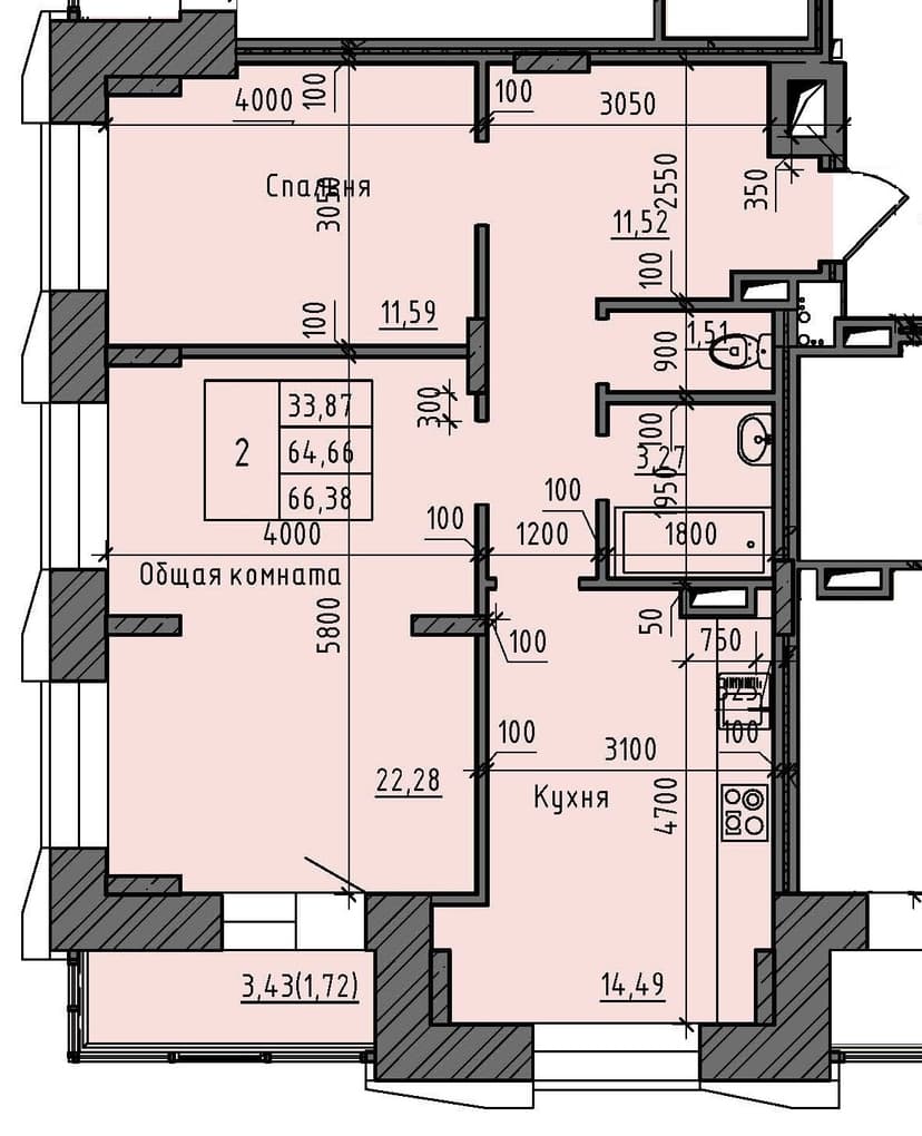 2 комн., 66.38 м²