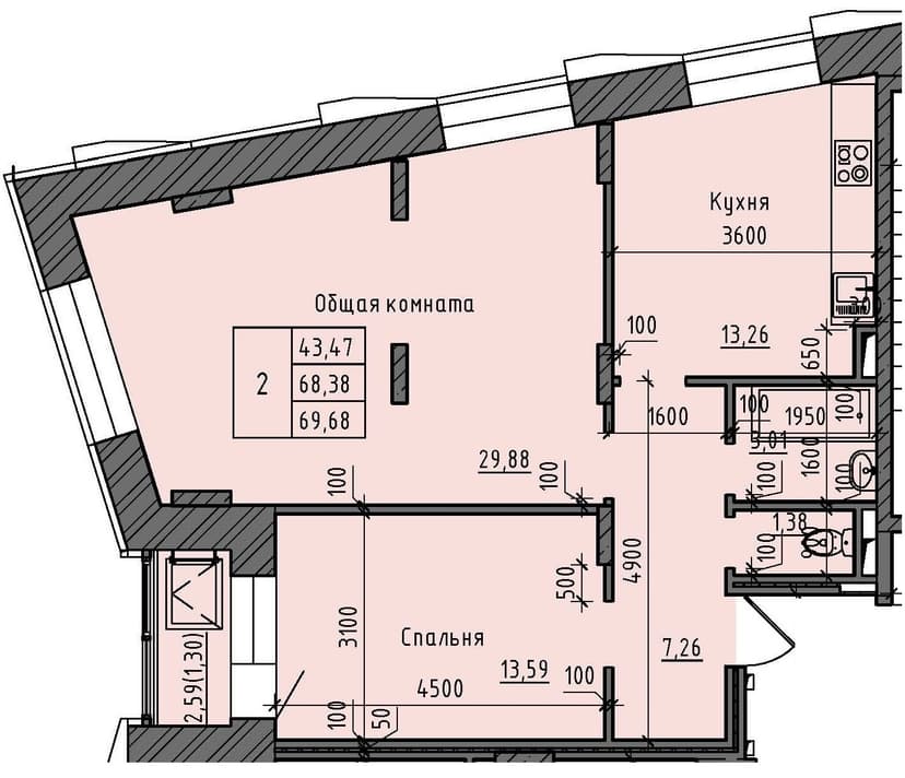2 комн., 69.68 м²
