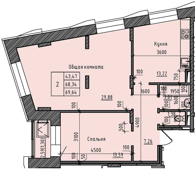 2 комн., 69.64 м²