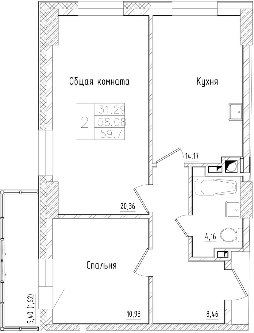 2 комн., 59.70 м²
