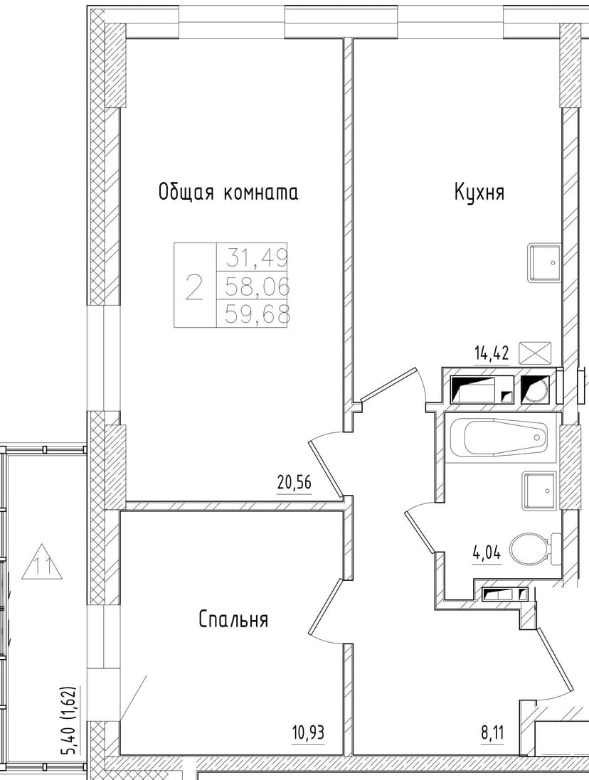 2 комн., 59.68 м²