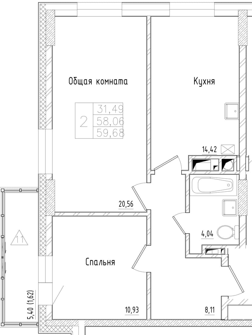 2 комн., 59.68 м²