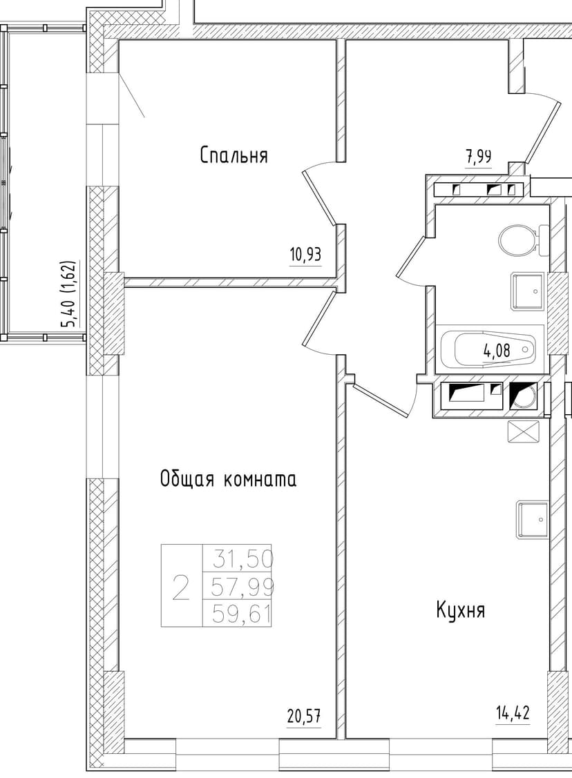 2 комн., 59.61 м²