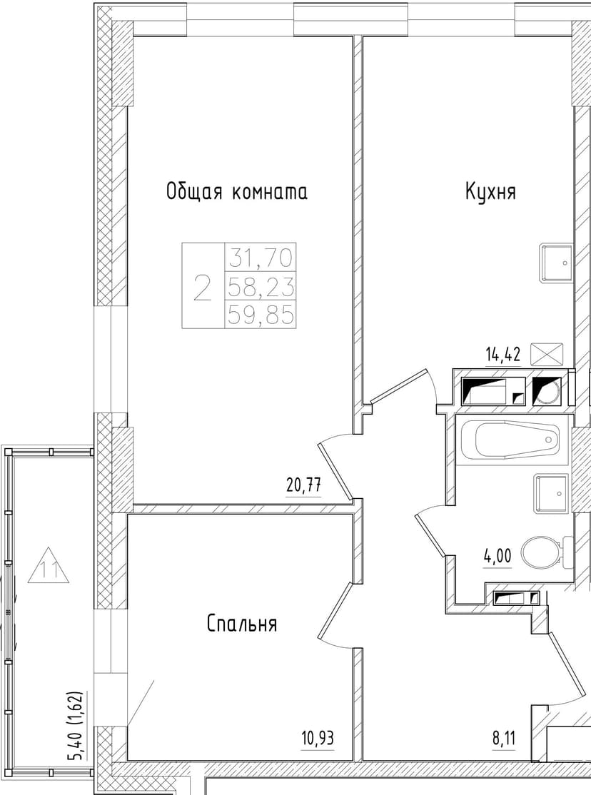 2 комн., 59.85 м²