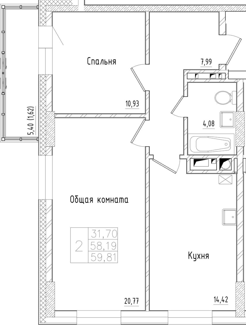 2 комн., 59.81 м²