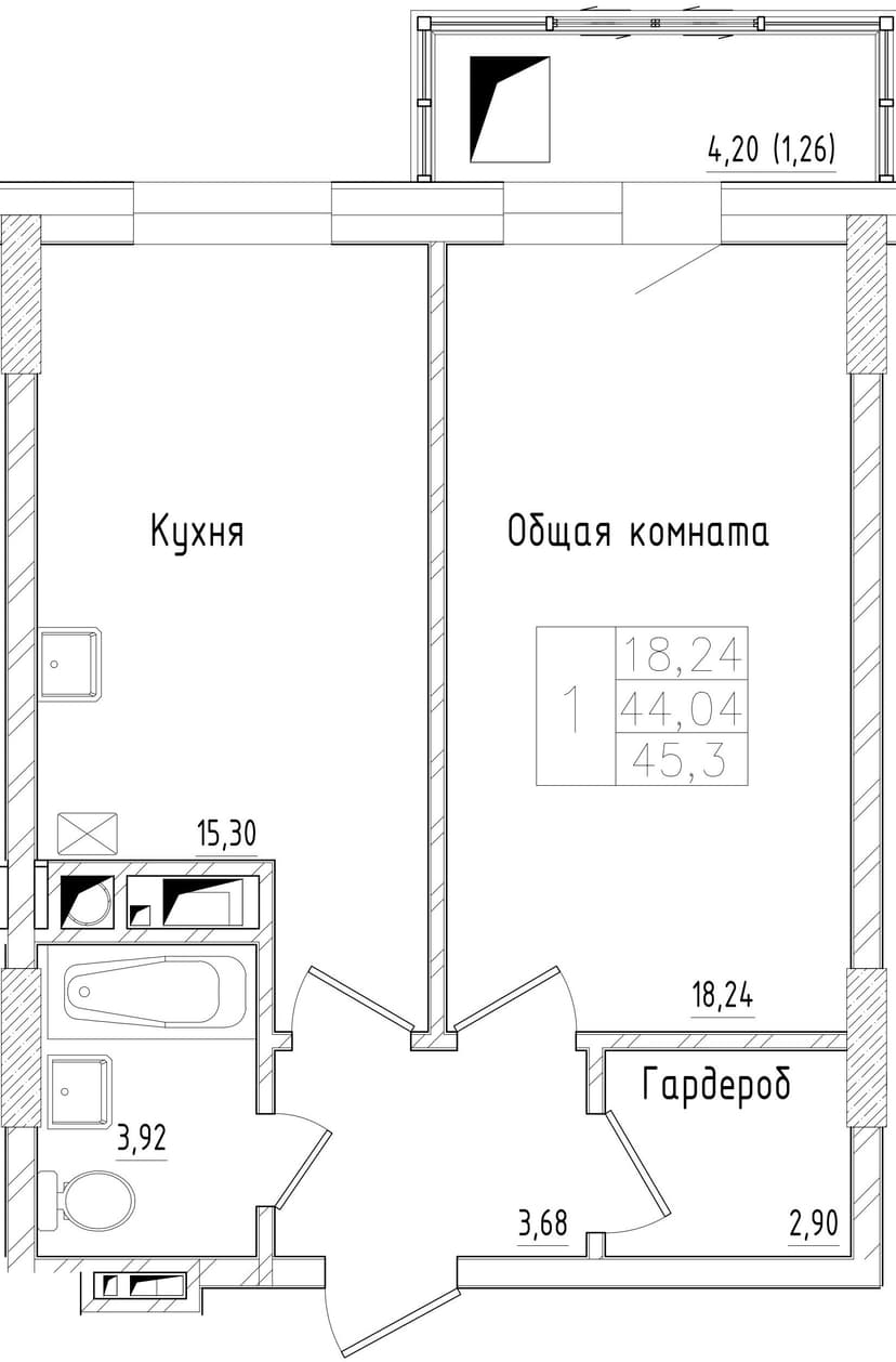 1 комн., 45.30 м²