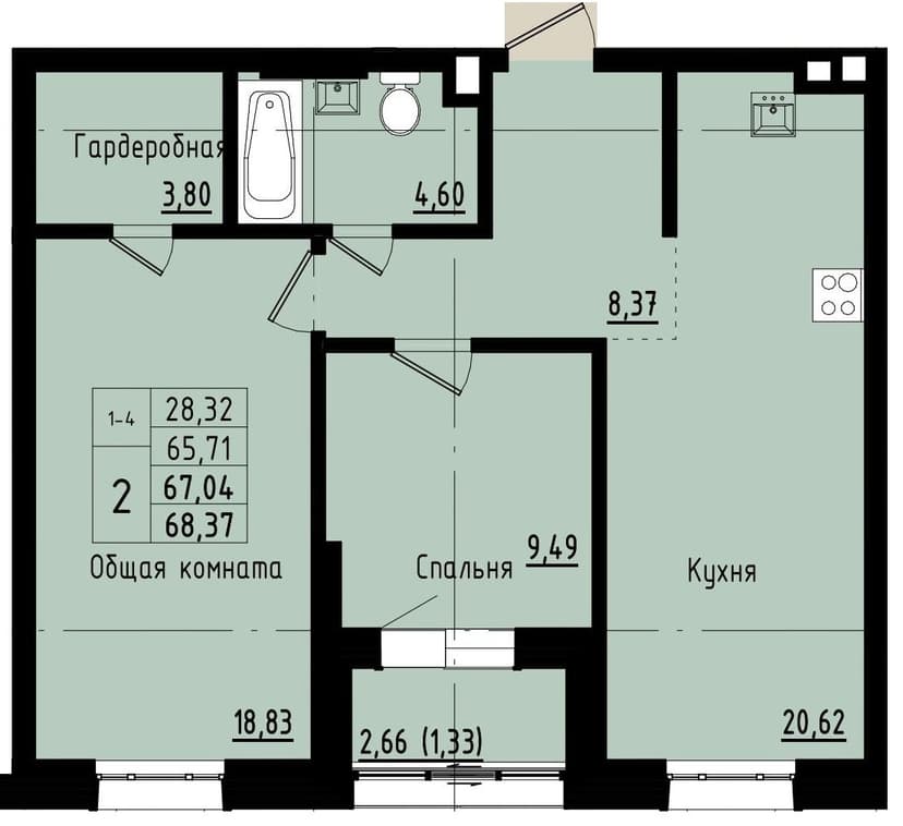 2 комн., 67.04 м²