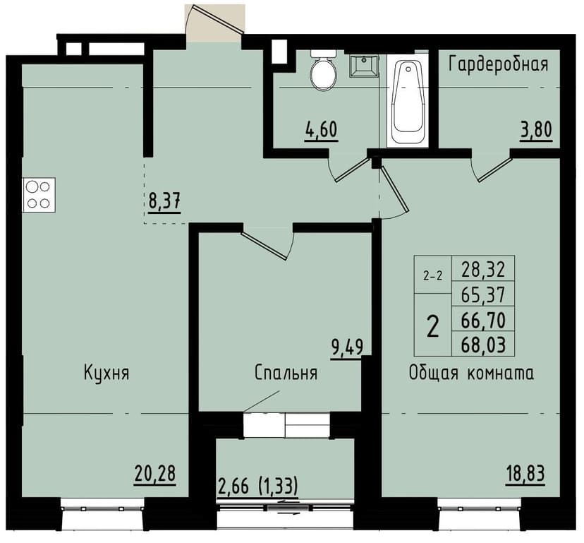 2 комн., 66.70 м²