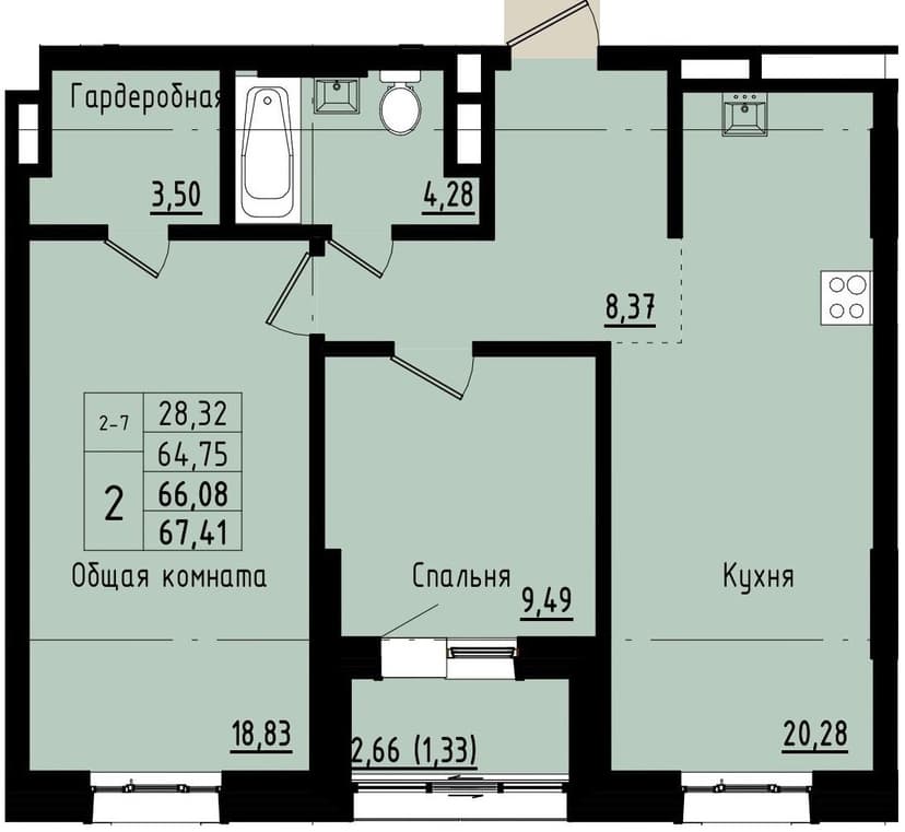 2 комн., 66.08 м²