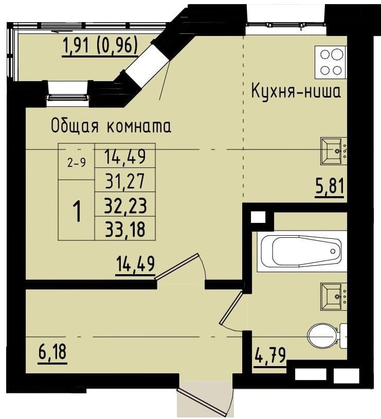 1 комн., 32.23 м²