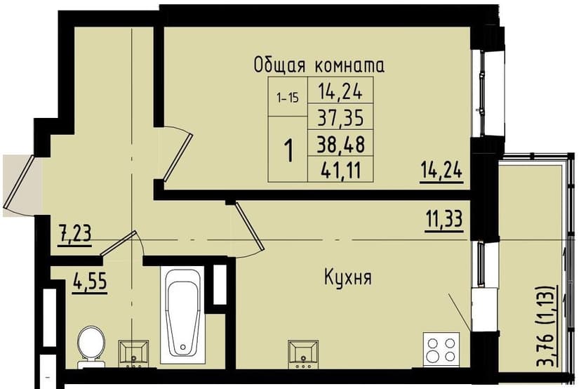 1 комн., 38.48 м²
