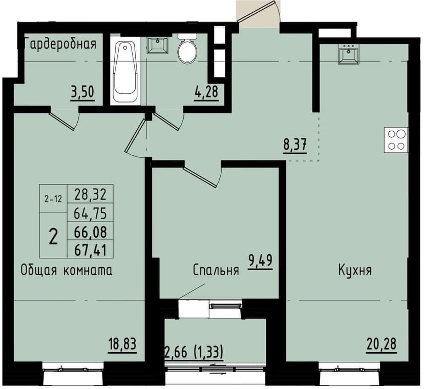 2 комн., 66.08 м²