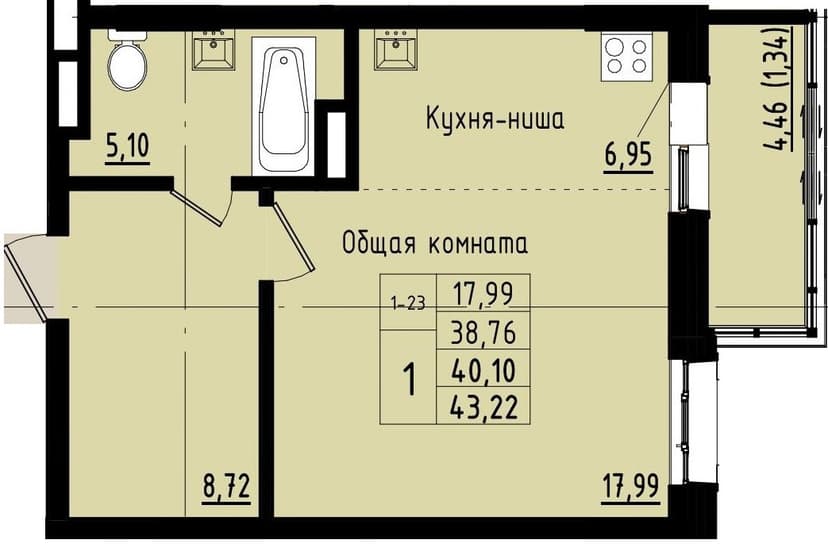 1 комн., 40.10 м²