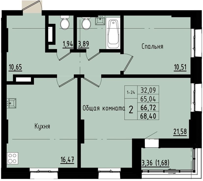 2 комн., 66.72 м²