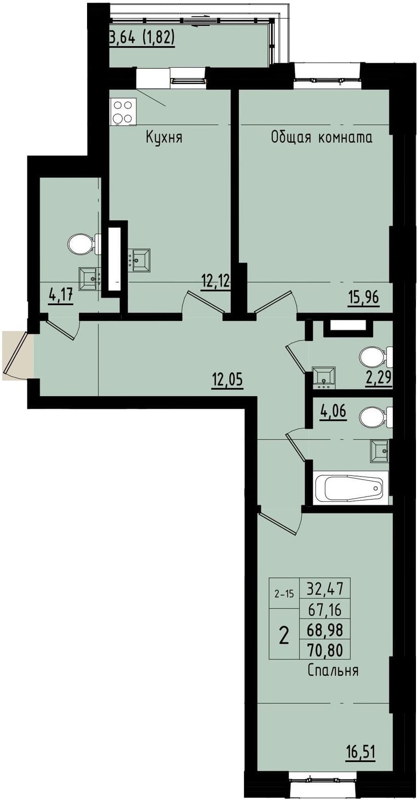 2 комн., 68.98 м²