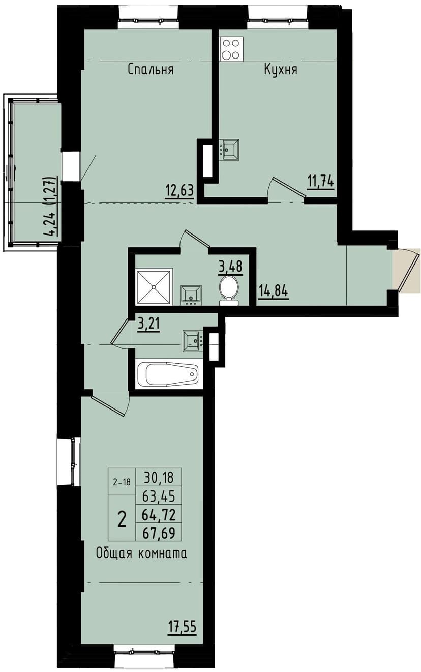 2 комн., 64.72 м²