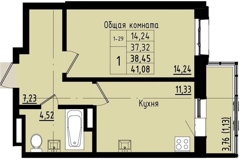 1 комн., 38.45 м²