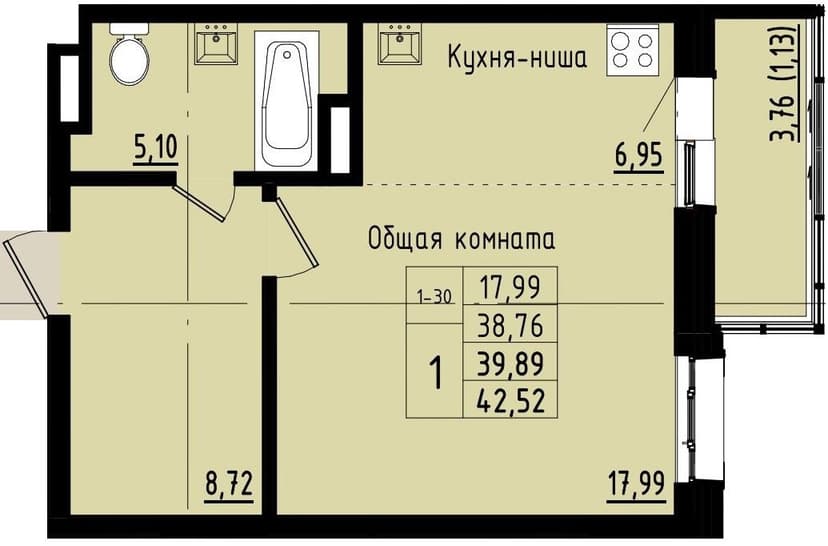 1 комн., 39.89 м²