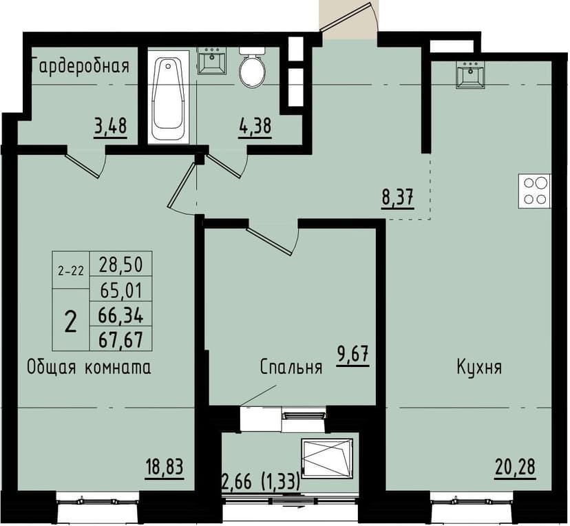 2 комн., 66.34 м²