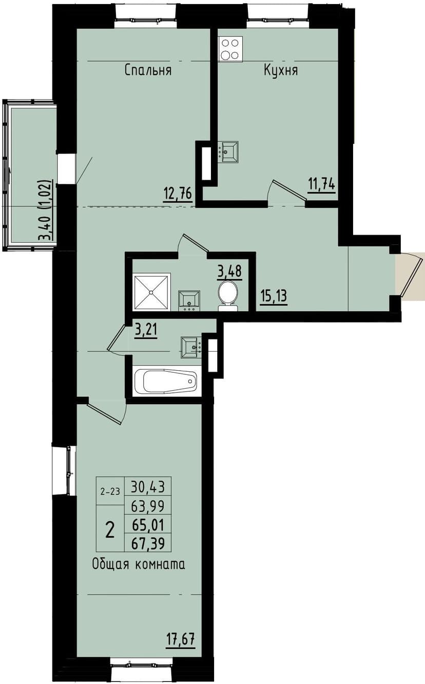 2 комн., 65.01 м²