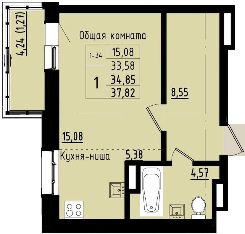 1 комн., 34.85 м²