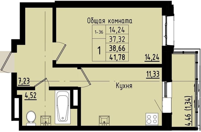 1 комн., 38.66 м²