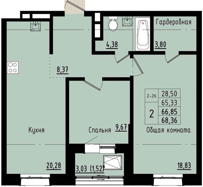 2 комн., 66.85 м²