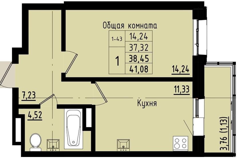 1 комн., 38.45 м²