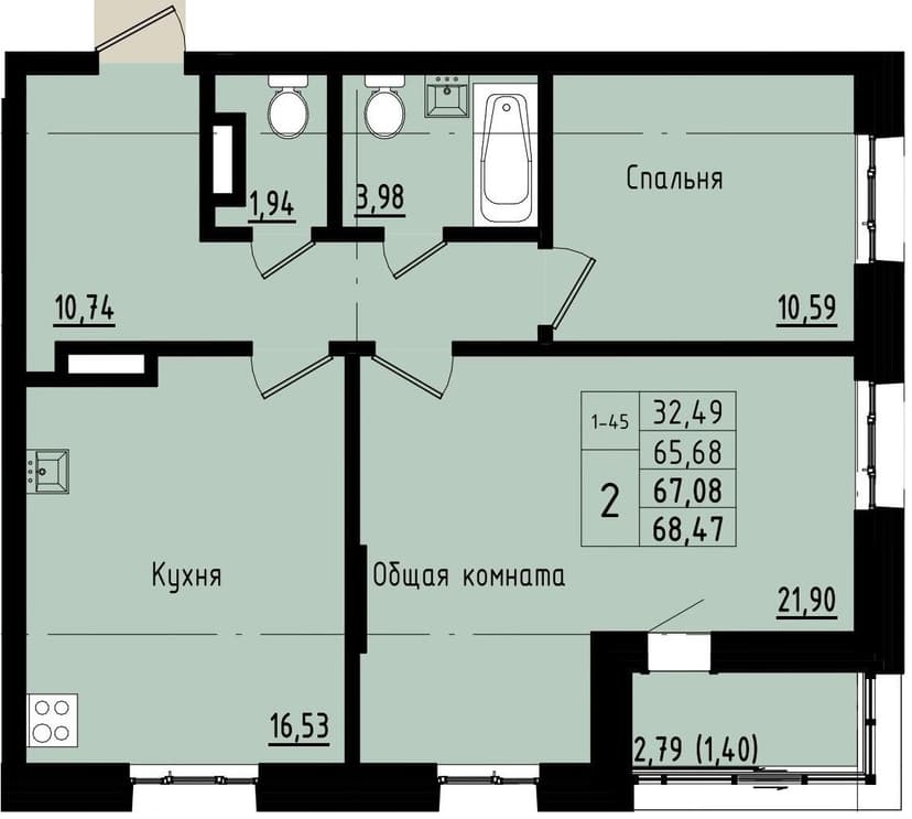 2 комн., 67.08 м²