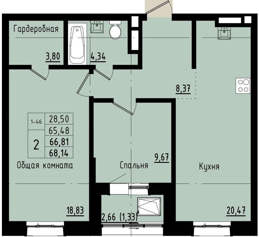 2 комн., 66.81 м²