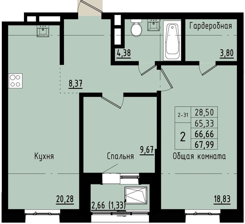 2 комн., 66.66 м²