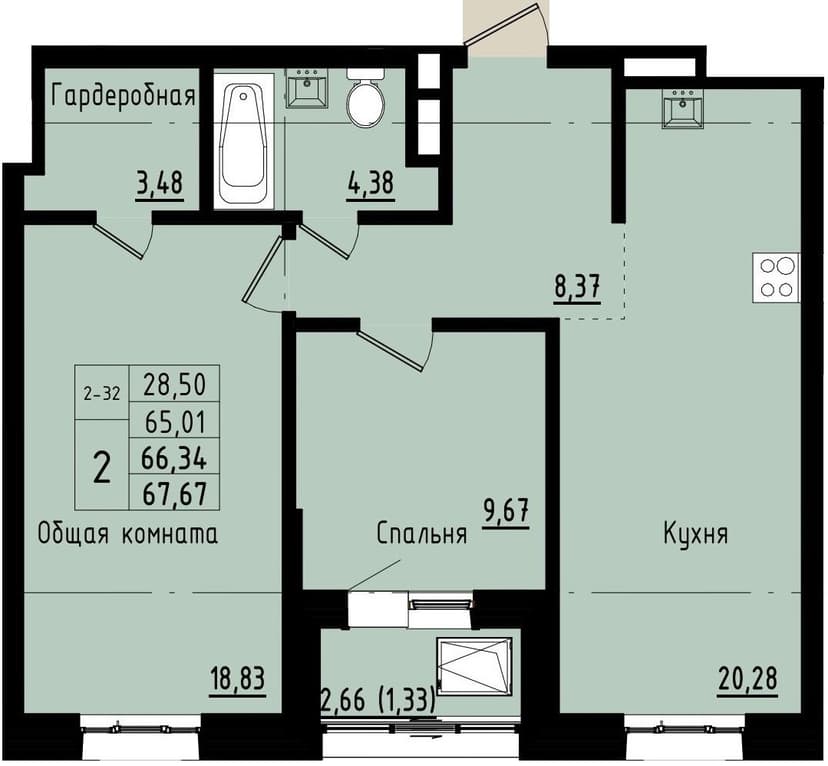 2 комн., 66.34 м²