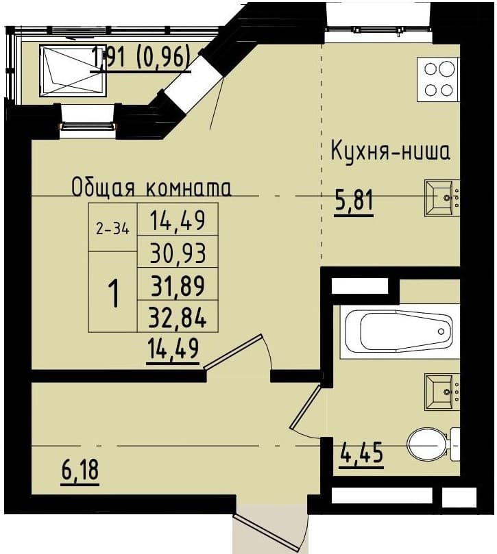 1 комн., 31.89 м²