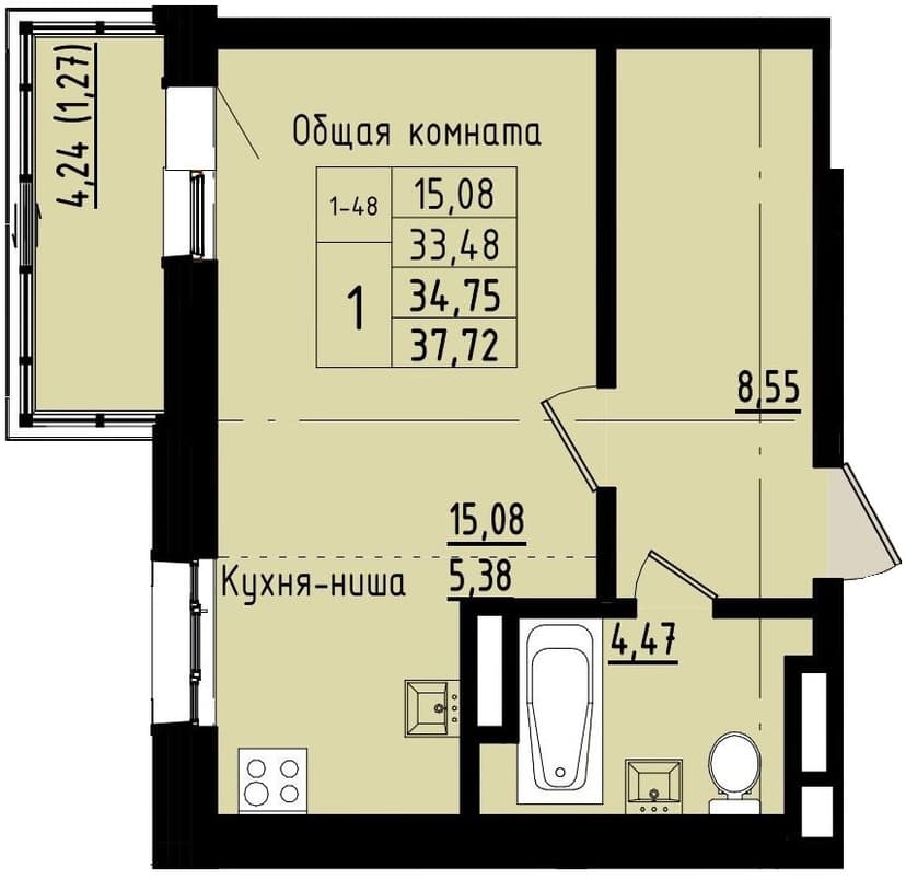 1 комн., 34.75 м²