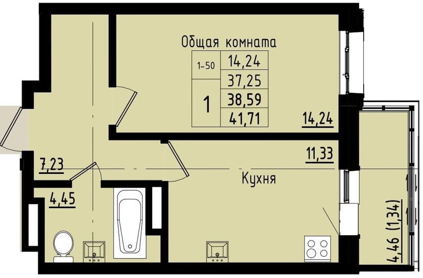 1 комн., 38.59 м²