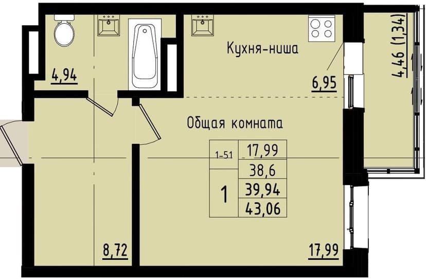 1 комн., 39.94 м²