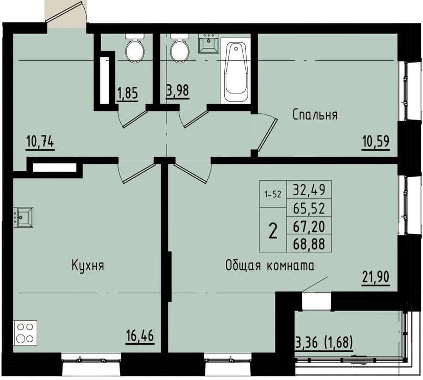 2 комн., 67.20 м²
