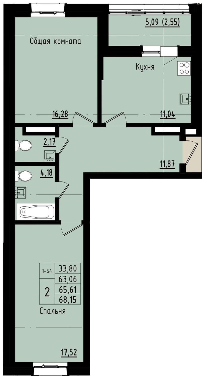 2 комн., 65.61 м²