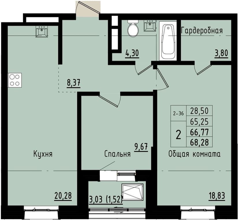 2 комн., 66.77 м²