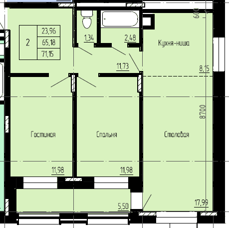 2 комн., 68.40 м²