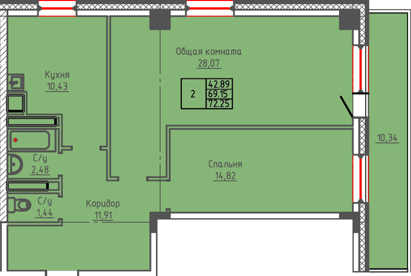 2 комн., 72.25 м²